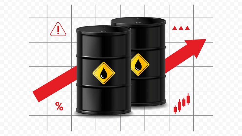 Ilustración financiera con dos barriles de petróleo negros y una flecha roja ascendente sobre fondo cuadriculado.