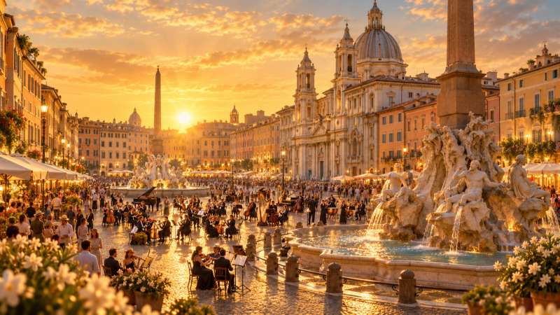 Plaza Navona en Roma al atardecer con un concierto de orquesta sinf�nica, la Fuente de los Cuatro R�os y la iglesia de Sant'Agnese in Agone bajo una c�lida luz dorada.