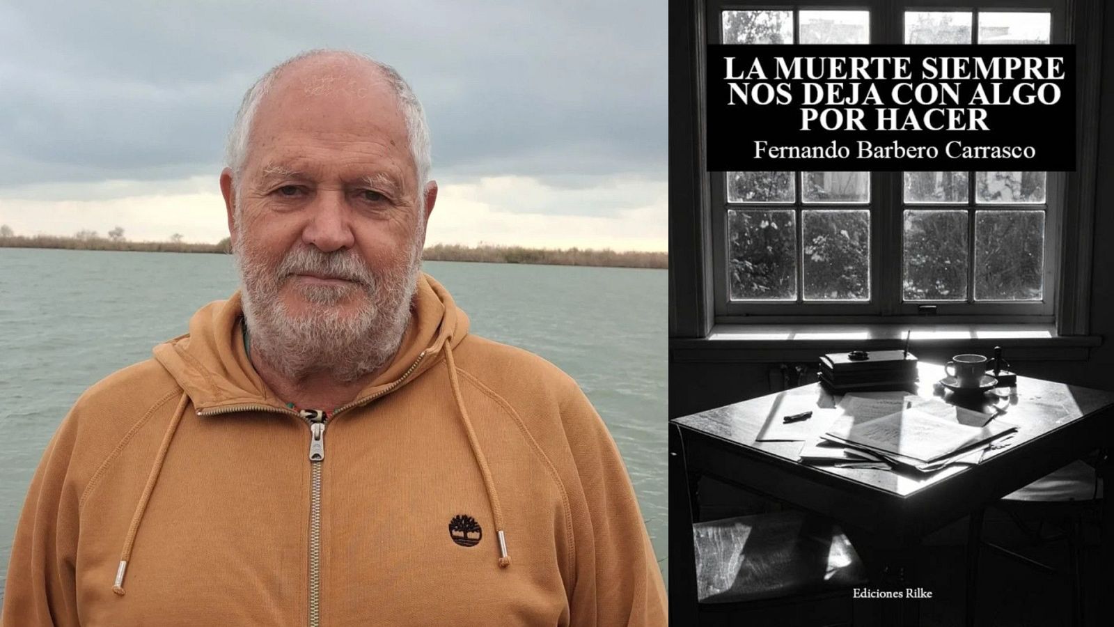 Composici�n con el retrato a color del escritor Fernando Barbero Carrasco a la izquierda y la portada de su libro en blanco y negro a la derecha.