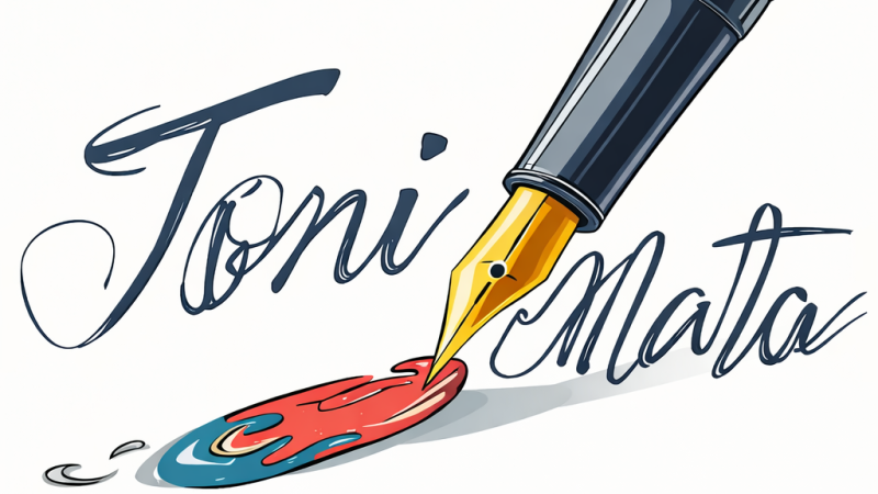 Ilustraci�n de una pluma estilogr�fica sobre mancha de tinta roja y azul, con el nombre Toni Mata escrito en cursiva.