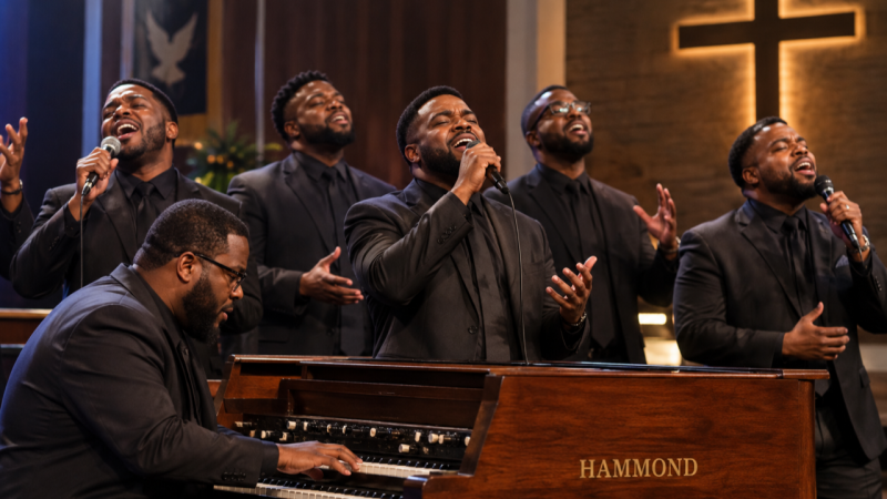 Seis m�sicos afroamericanos con trajes negros interpretan gospel en un escenario religioso, acompa�ados por un �rgano Hammond y una cruz de madera iluminada al fondo.