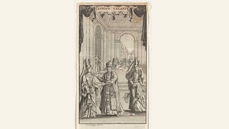 Grabado hist�rico en blanco y negro que muestra una escena teatral barroca con tres personajes principales vestidos con indumentaria otomana en un palacio cl�sico.