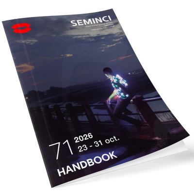 Cartel oficial de la 71.ª SEMINCI 2026 en Valladolid, con una persona iluminada por luces de colores junto al agua al anochecer.