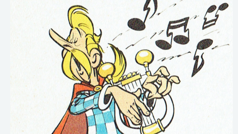 Ilustraci�n de perfil del bardo Asurancet�rix cantando apasionadamente mientras toca una lira blanca y dorada.