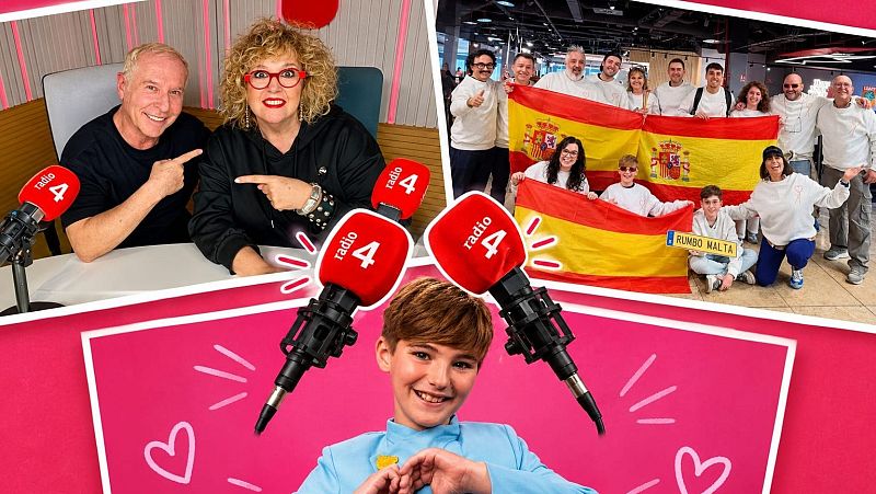 Fotomontaje promocional con tres fotograf�as que muestran a locutores en un estudio, un grupo con banderas y al joven Lucas Paulano junto a micr�fonos de radio.