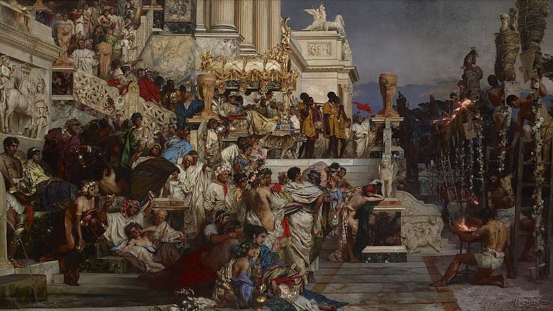 Pintura hist�rica que muestra la corte de Ner�n en Roma y el suplicio de m�rtires cristianos usados como antorchas humanas.