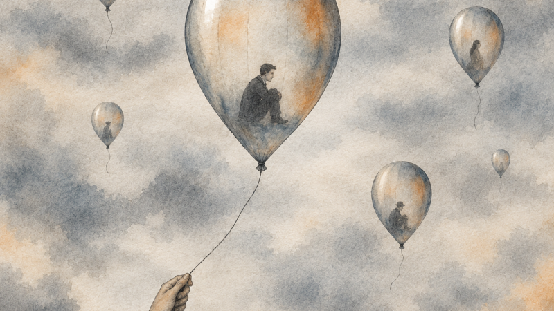 Ilustraci�n surrealista en acuarela de tonos grises y sepia con un hombre introspectivo dentro de un globo aerost�tico transl�cido sujeto por una mano.
