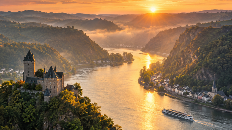 Paisaje panor�mico del r�o Rin al atardecer con el Castillo de Katz en un promontorio y un barco navegando.