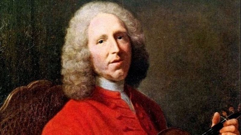 Retrato al �leo de un hombre del periodo barroco con peluca gris y casaca roja, sosteniendo un viol�n.