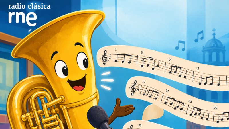 Ilustraci�n infantil de una tuba dorada sonriente frente a un micr�fono, acompa�ada de partituras musicales flotantes y una ciudad al fondo.