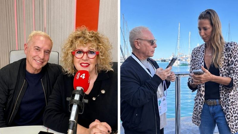 Fotograf�a dividida que muestra a dos personas en un estudio de radio y posteriormente consultando tel�fonos m�viles en un puerto deportivo.