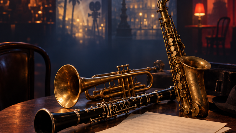 Instrumentos de viento como un clarinete, una trompeta y un saxof�n reposan sobre una mesa en una atm�sfera de club de jazz nocturno.