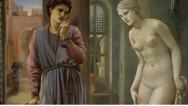 Pintura prerrafaelita que muestra a un escultor contemplando con fascinaci�n una estatua de m�rmol que cobra vida en su taller.