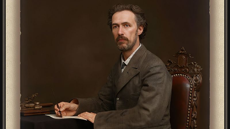 Retrato de estudio de �poca del pintor ruso Vasili Pol�nov sentado ante un escritorio con una pluma en la mano.