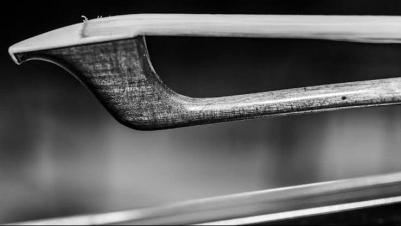 Primer plano en blanco y negro de la punta de un arco de instrumento de cuerda, destacando la madera oscura y las crines blancas tensadas.