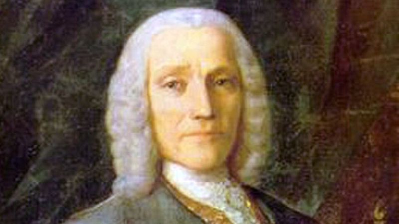 Retrato al �leo del siglo XVIII que muestra al compositor Domenico Scarlatti con peluca blanca y casaca gris azulada.