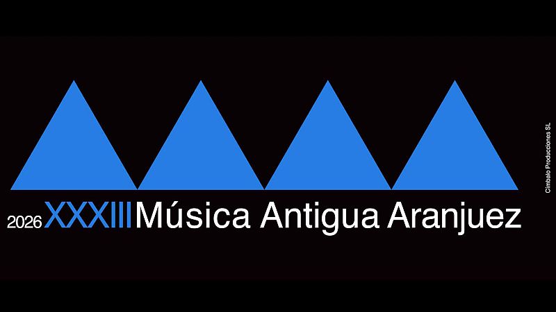 Imagen promocional sobre fondo negro con cuatro tri�ngulos azules y el texto blanco y azul del festival de m�sica antigua con el a�o 2026.