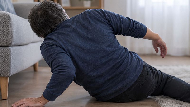 Un hombre con jersey azul marino y pantalones oscuros sufre una caída en el suelo de madera de un salón doméstico.