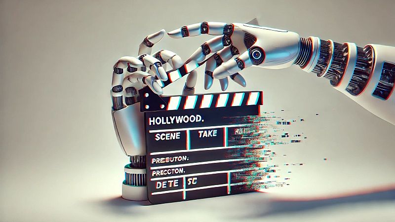 Dos brazos robóticos interactúan con una claqueta de cine en una composición digital con efectos de aberración cromática y descomposición en píxeles.