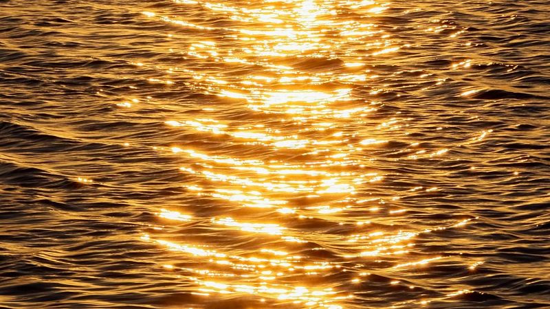 Plano cercano de la superficie del agua con oleaje suave y una franja vertical central de destellos dorados por la luz solar.