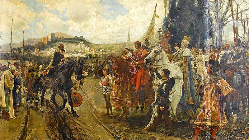 Pintura hist�rica que muestra a Boabdil entregando las llaves de Granada a los Reyes Cat�licos en 1492, con la Alhambra al fondo.