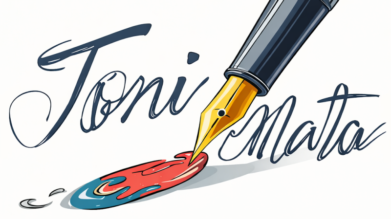 Pluma estilogr�fica sobre una mancha de tinta rodeada por el nombre Toni Mata en caligraf�a cursiva sobre fondo blanco.