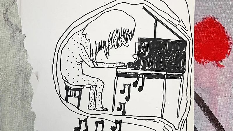 Ilustraci�n en tinta negra sobre papel blanco de una figura encorvada tocando el piano dentro de una burbuja org�nica, con notas musicales flotando y un detalle rojo al fondo.