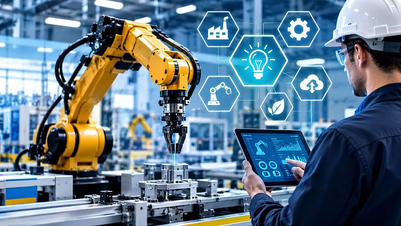 Un brazo robótico amarillo y un operario con tableta digital interactúan en una moderna planta industrial automatizada.