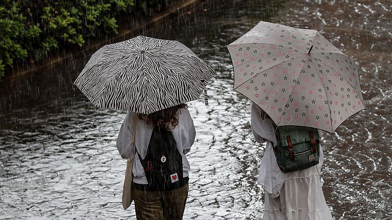 Dos personas caminan de espaldas bajo la lluvia por una calle adoquinada con charcos, protegidas por paraguas y cargando mochilas.