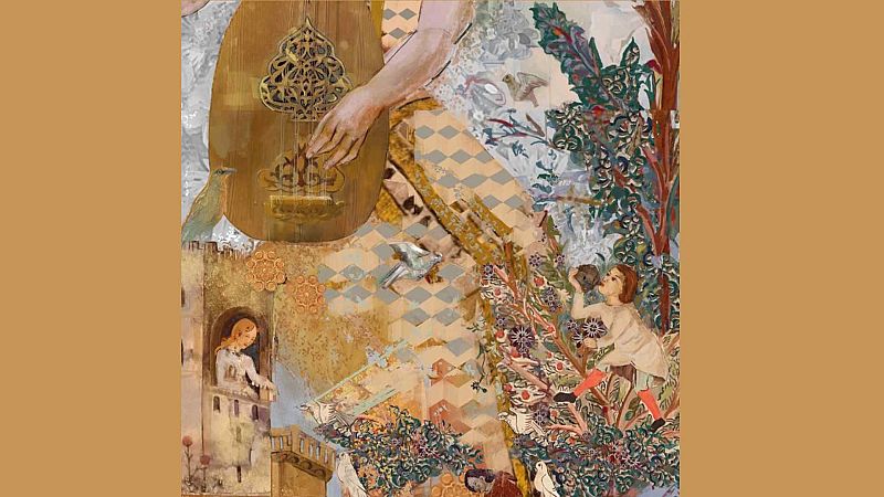 Ilustraci�n medieval y renacentista en tonos ocres que muestra un la�d, una torre con una joven y un joven con un cuenco entre vegetaci�n y aves.