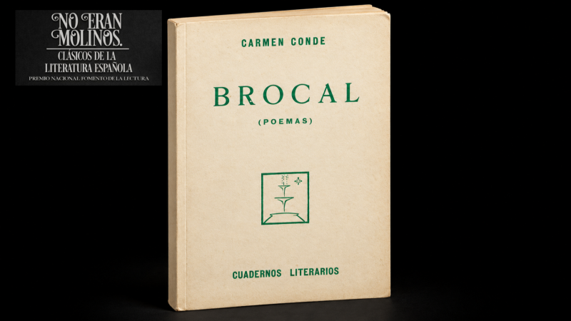 Cubierta beige del libro 'Brocal' de Carmen Conde sobre fondo negro, con tipograf�a e ilustraciones en verde oscuro.