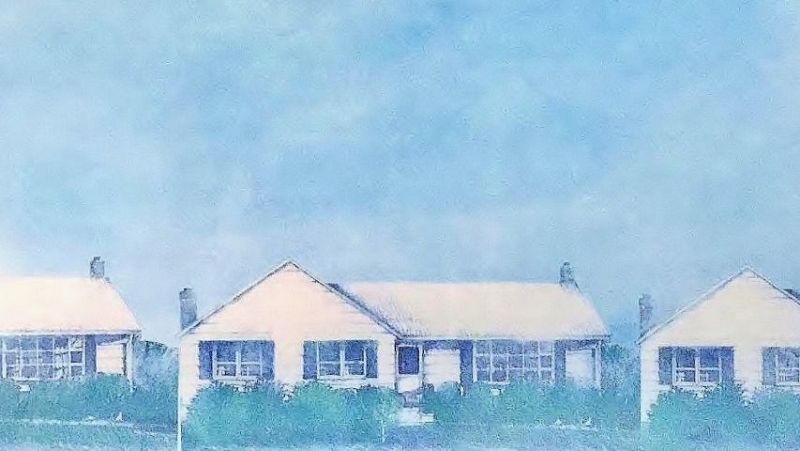 Pintura realista de casas suburbanas bajo un cielo celeste y sereno en tonos fr�os.