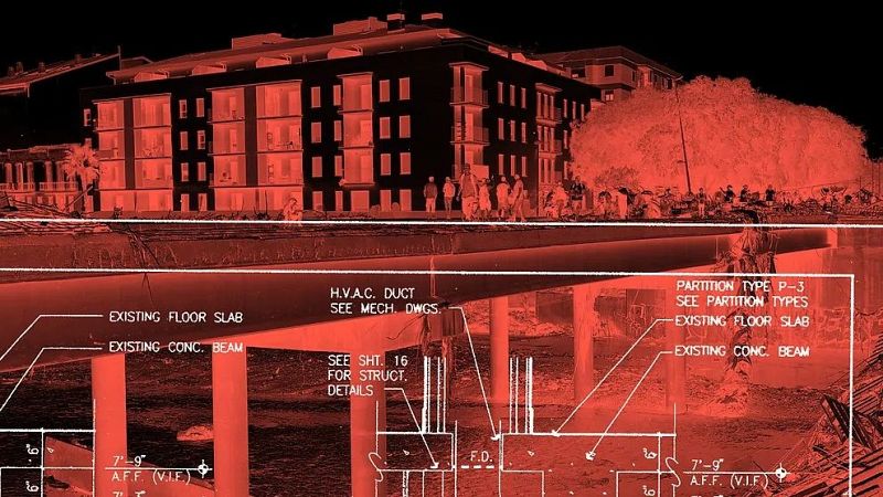Imagen con filtro rojo que muestra un puente de hormigón con personas, un edificio al fondo y un plano técnico superpuesto con anotaciones en inglés.