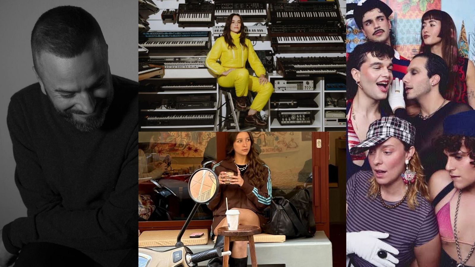 Collage fotogr�fico de cuatro paneles que muestra a diversos artistas de la escena musical pop contempor�nea en Espa�a, incluyendo m�sicos en estudios y escenas urbanas.