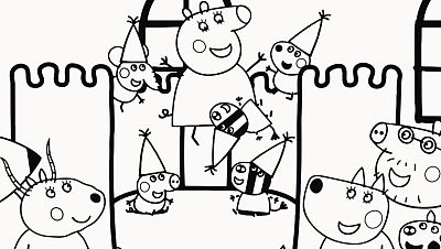 Colorea a la familia Pig en el castillo hinchable