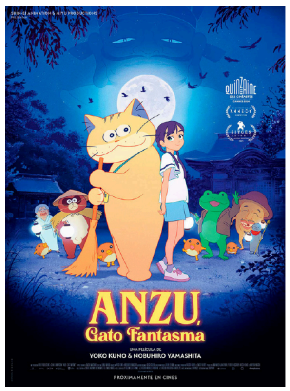Niña con gato gigante y otros personajes fantásticos con linternas bajo la luna llena.  Anuncio de estreno en cines de la película de animación "ANZU, Gato Fantasma".
