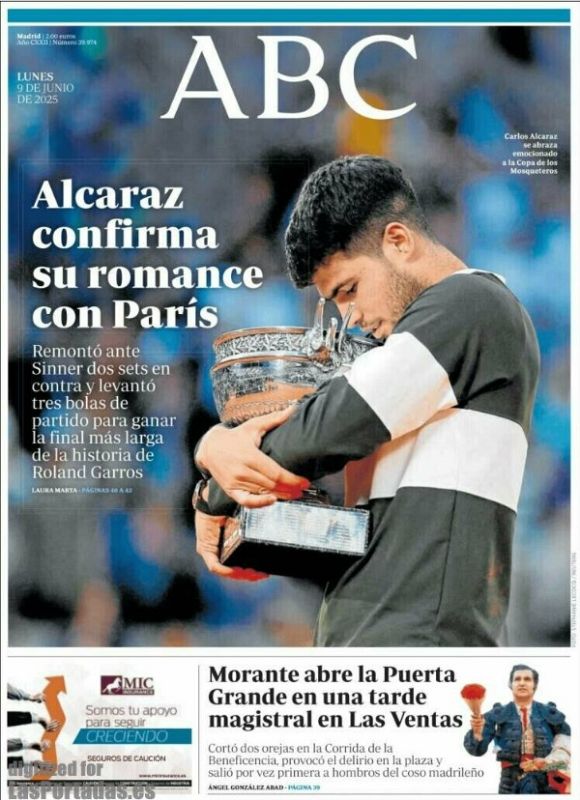 Portada ABC (9/6/2025): Alcaraz, campeón de Roland Garros tras remontada; Morante, triunfo en Las Ventas.