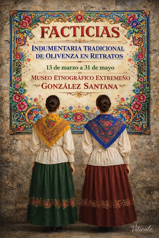Cartel de "Facticias Indumentaria Tradicional de Olivenza en Retratos", del 13 de marzo al 31 de mayo de 2026 en el Museo Etnográfico Extremeño "González Santana"