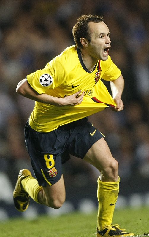 Barcelona's Andres Iniesta celebrates a goal against Chelsea during their Champions League semi-final second leg soccer match at Stamford Bridge in London