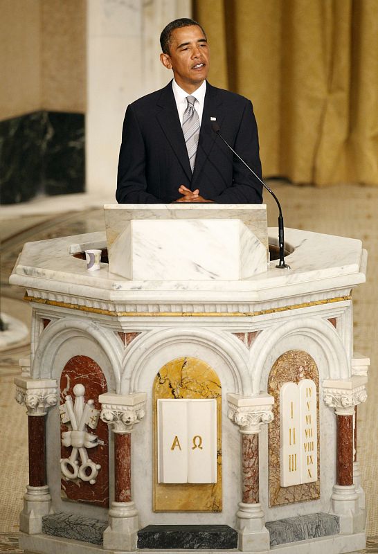 U.S. President Barack Obama speaks during the funeral of U.S. Senator Edward Kennedy in Our Lady of Perpetual Help Basilica in Boston