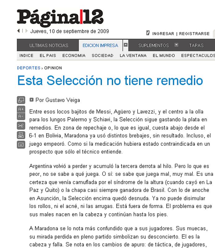 El diario Página 12 juega con términios médicos asegurando que la receta de Maradona no funciona y que el equipo no tiene remedio.