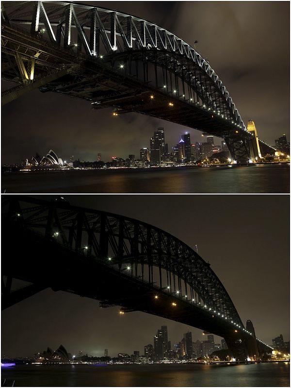 A combination photo shows the Sydney Harbour skyline before and during Earth Hour