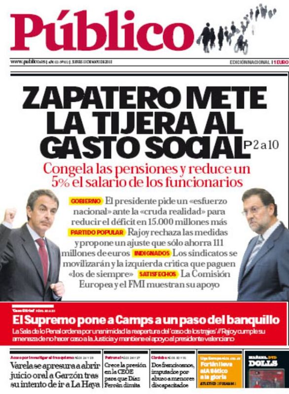 'Público': "Zapatero mete la tijera al gasto social"