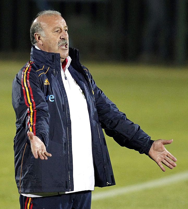 Vicente del Bosque realiza algunas correcciones sus jugadores durante el entrenamiento en Sudáfrica.