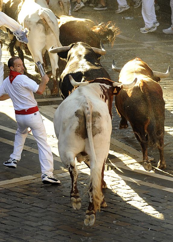 A runner dodges Penajara fighting bulls at the town hall curve during the first running of the bulls on the second day of the San Fermin festival in Pamplona.