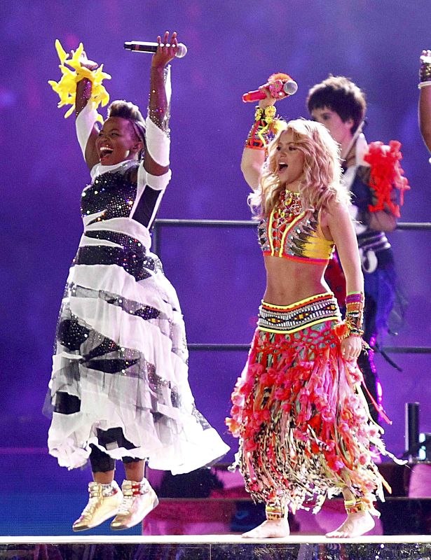 Colombian singer Shakira performs before the 2010 World Cup final soccer match at Soccer City stadium