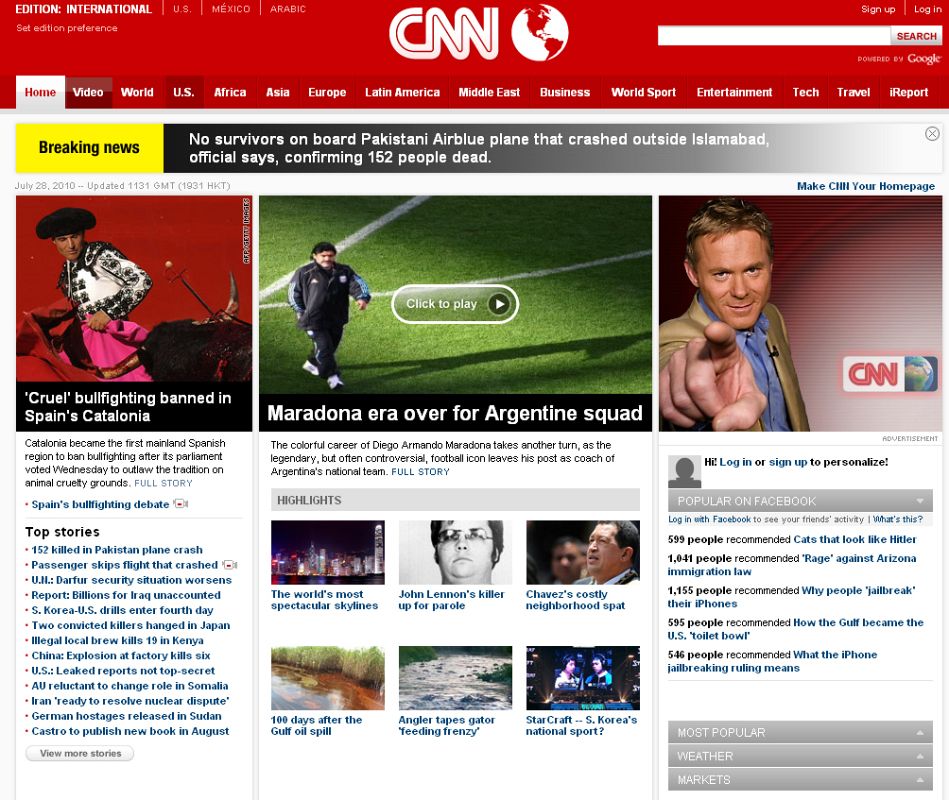 La CNN destaca en la portada de su página web la abolición de los toros en Cataluña.