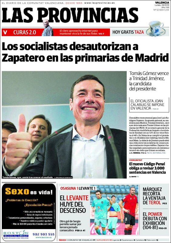 En el diario levantino, también se destaca más la "desautorización" de Zapatero en Madrid que las primarias socialistas celebradas en varias localidades valencianas