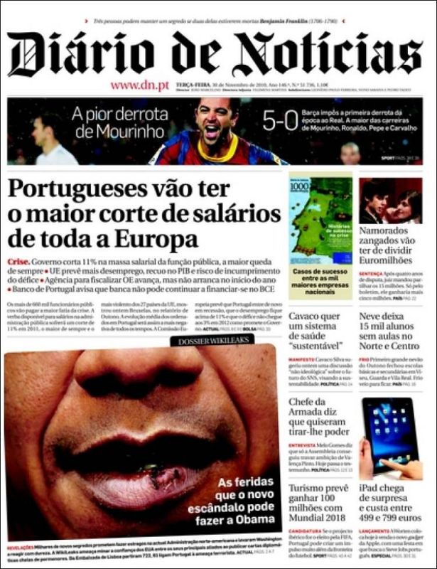 El Diario de Noticias portugués subraya también la sonora derrota de su paisano Mourinho.