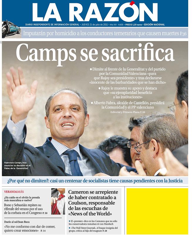 LA RAZÓN: "Camps se sacrifica"